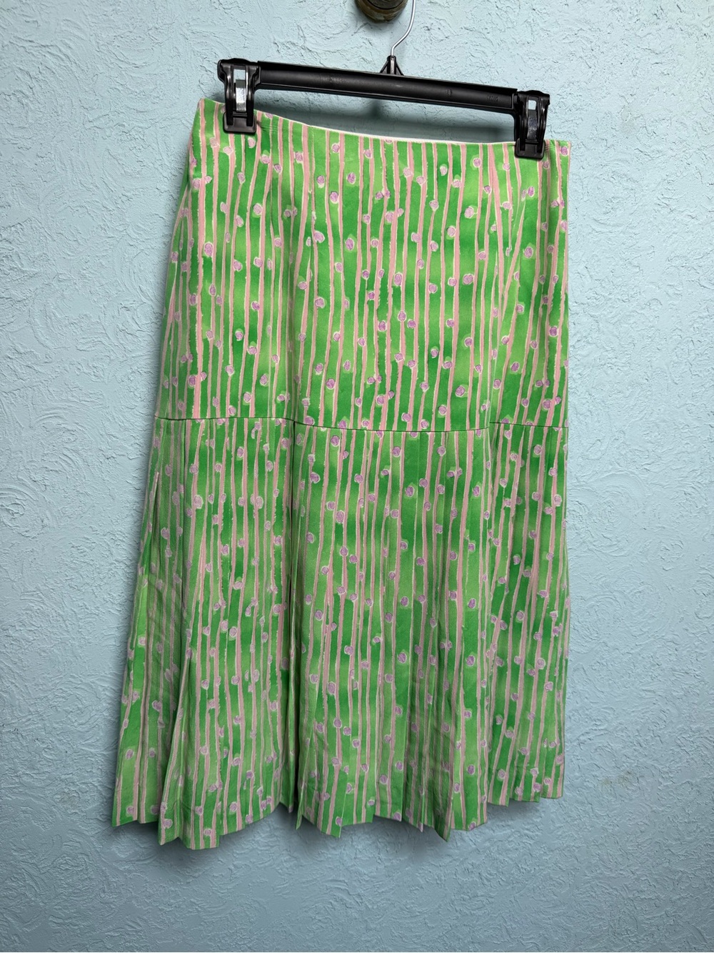 100% Silk Green Floral Stripe A-Line Skirt